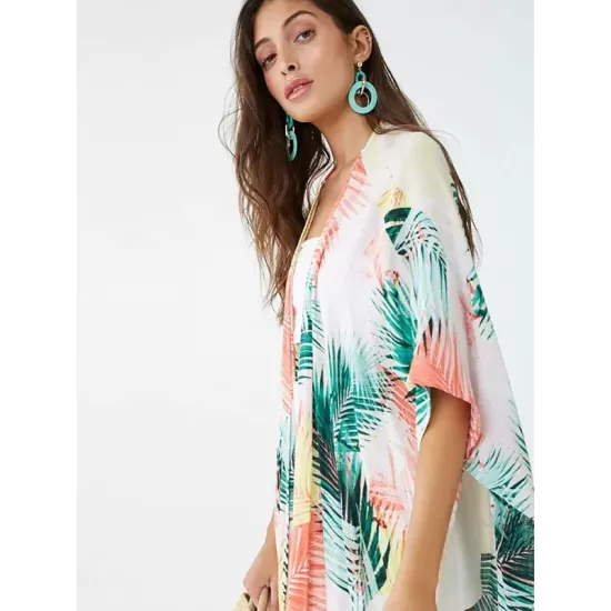 Colorful Leaf Printing Cardigan Loose Vacation Beach Cover-Up Swimwear