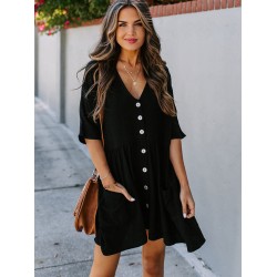 Half Sleeve V-Neck Button Loose Cover-Up Swimwear