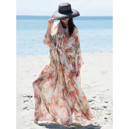 Chiffon Printed Loose Thin Cardigan Vacation Cover-Up Swimwear