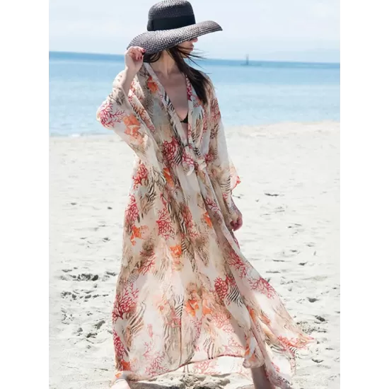 Chiffon Printed Loose Thin Cardigan Vacation Cover-Up Swimwear