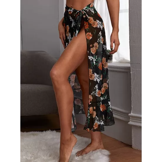 Floral Print Split-Side Mesh See-Through Cover-Up Swimwear