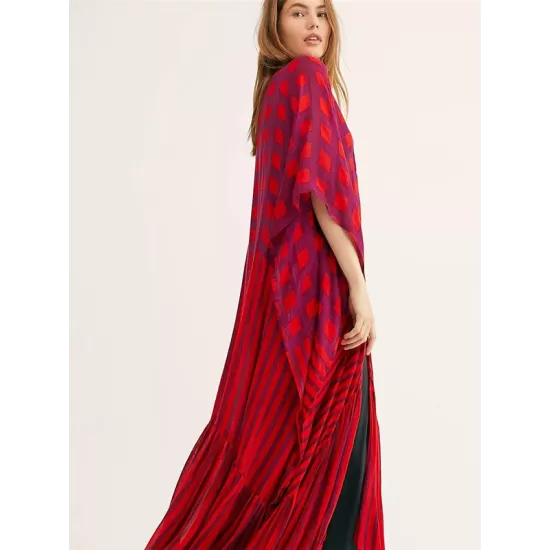 Plaid Chiffon Long-Sleeves Cover-Up Swimwear