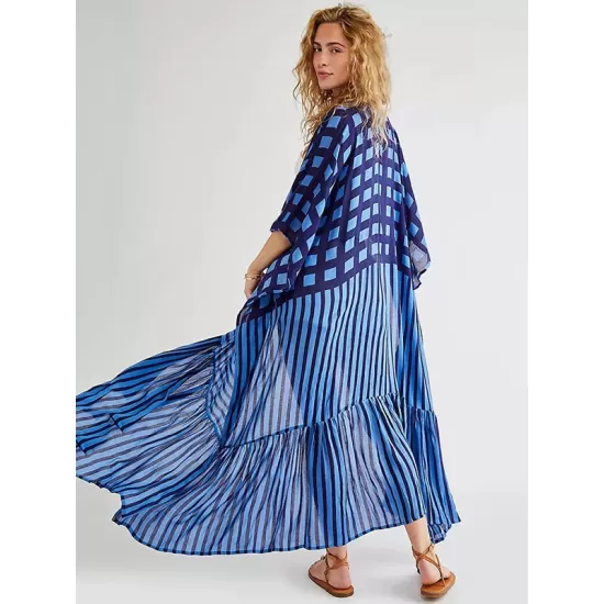 Plaid Chiffon Long-Sleeves Cover-Up Swimwear