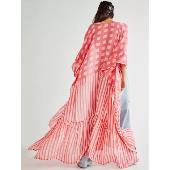 Plaid Chiffon Long-Sleeves Cover-Up Swimwear