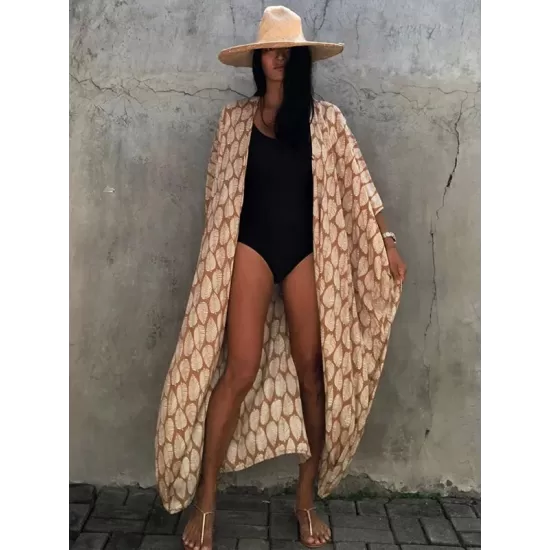 Leaves Printed Cardigan Half-Sleeves Cover-Up Swimwear