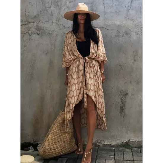 Leaves Printed Cardigan Half-Sleeves Cover-Up Swimwear