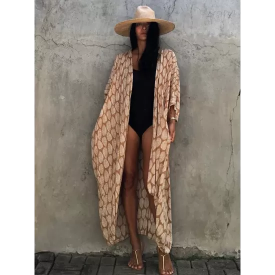 Leaves Printed Cardigan Half-Sleeves Cover-Up Swimwear