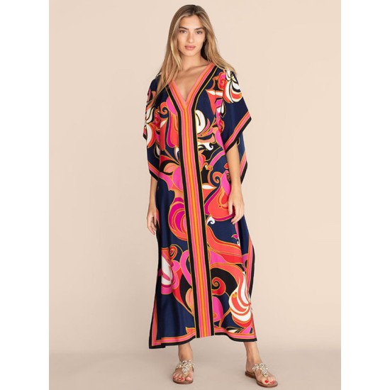 Short Sleeve Floral V-Neck Long Gown Cover-Up Swimwear