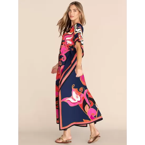 Short Sleeve Floral V-Neck Long Gown Cover-Up Swimwear