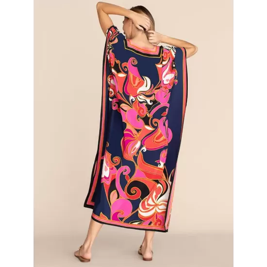 Short Sleeve Floral V-Neck Long Gown Cover-Up Swimwear