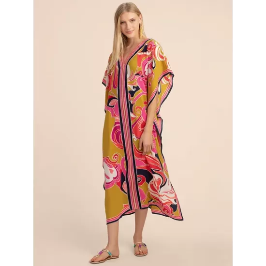 Short Sleeve Floral V-Neck Long Gown Cover-Up Swimwear