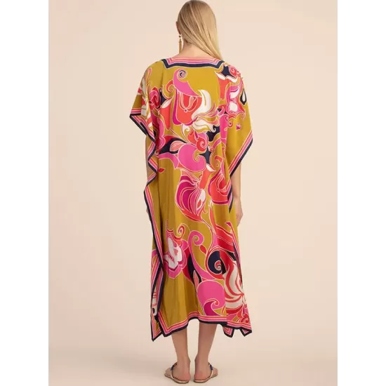 Short Sleeve Floral V-Neck Long Gown Cover-Up Swimwear