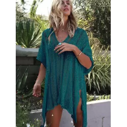 Loose Hollow Vacation Half Sleeve V Neck Beach Cover-Ups