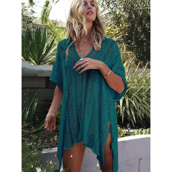 Loose Hollow Vacation Half Sleeve V Neck Beach Cover-Ups