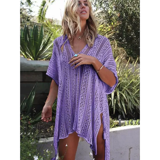 Loose Hollow Vacation Half Sleeve V Neck Beach Cover-Ups