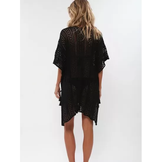 Loose Hollow Vacation Half Sleeve V Neck Beach Cover-Ups