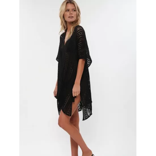 Loose Hollow Vacation Half Sleeve V Neck Beach Cover-Ups