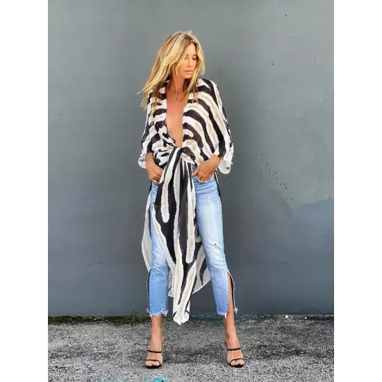 Sexy Zebra Pattern  Half Sleeve Wide Belt Cover-Ups Tops