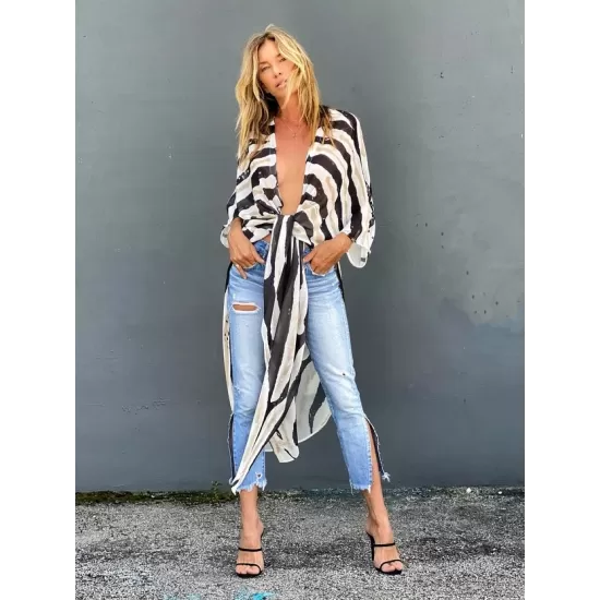 Sexy Zebra Pattern  Half Sleeve Wide Belt Cover-Ups Tops