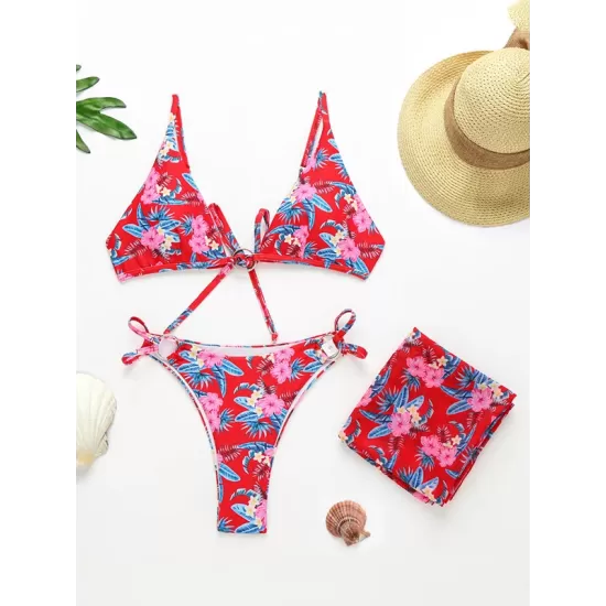 Three-Piece Floral Print Bandage Tie Side Bikini Swimwear