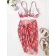 Three-Piece Floral Print Bandage Tie Side Bikini Swimwear