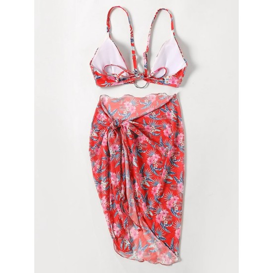 Three-Piece Floral Print Bandage Tie Side Bikini Swimwear