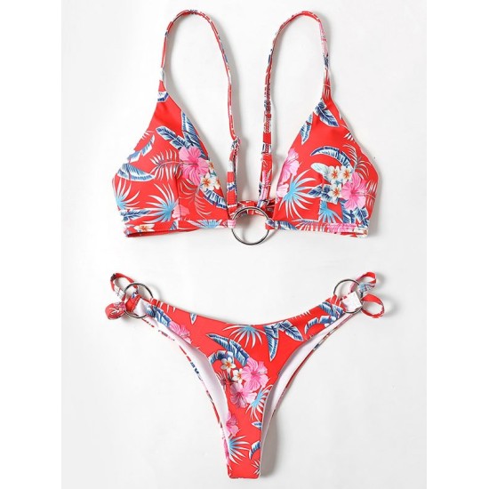 Three-Piece Floral Print Bandage Tie Side Bikini Swimwear