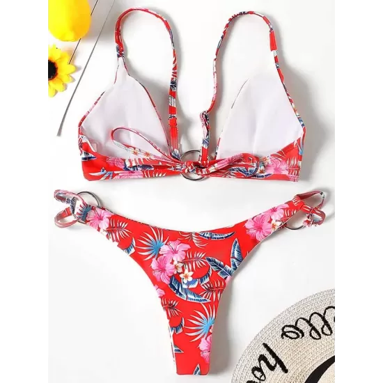 Three-Piece Floral Print Bandage Tie Side Bikini Swimwear