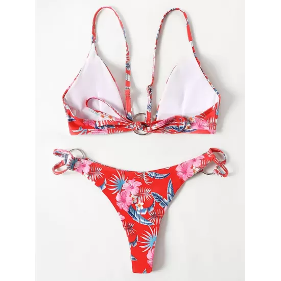 Three-Piece Floral Print Bandage Tie Side Bikini Swimwear