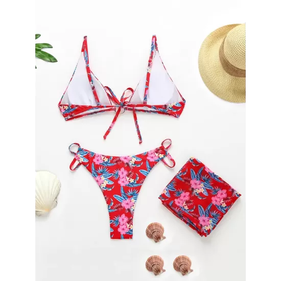 Three-Piece Floral Print Bandage Tie Side Bikini Swimwear