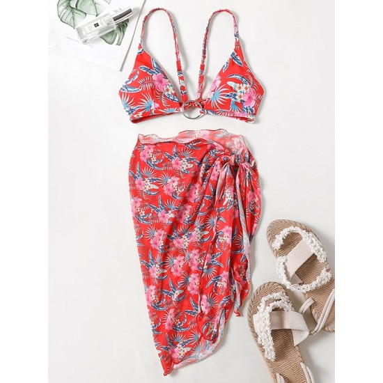 Three-Piece Floral Print Bandage Tie Side Bikini Swimwear