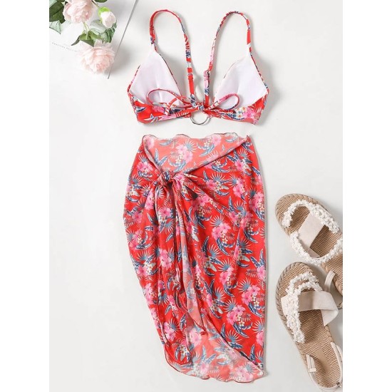 Three-Piece Floral Print Bandage Tie Side Bikini Swimwear