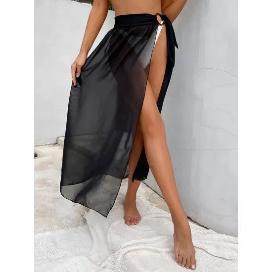 Solid Color Chiffon Split-Joint Split-Side Cover-Up Swimwear