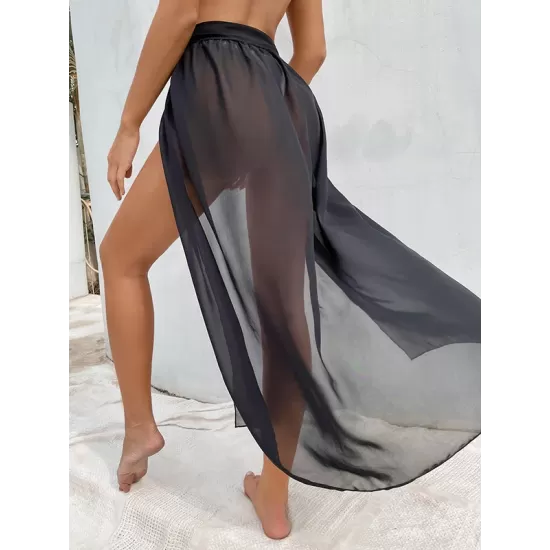 Solid Color Chiffon Split-Joint Split-Side Cover-Up Swimwear