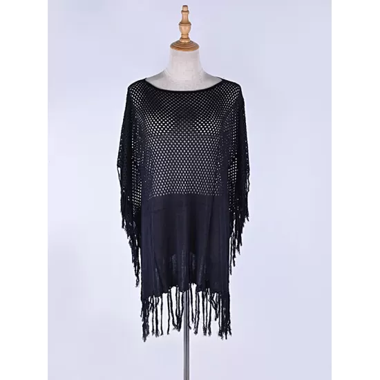 Solid Color Hollow Split-Joint Tasseled Crochetgo Bat Sleeve Cover-Ups Tops