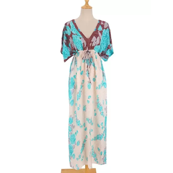 Short Sleeve Floral V-Neck Drawstring Midi Dress Cover-Up Swimwear