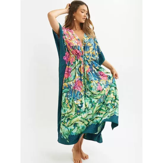 Half Sleeve V-Neck Loose Floral Split-Side Cover-Up Swimwear