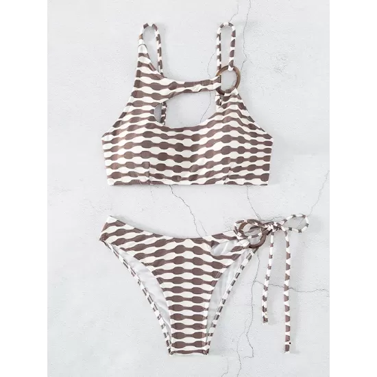 Padded Color-Block Hollow Striped Bikini Swimsuit