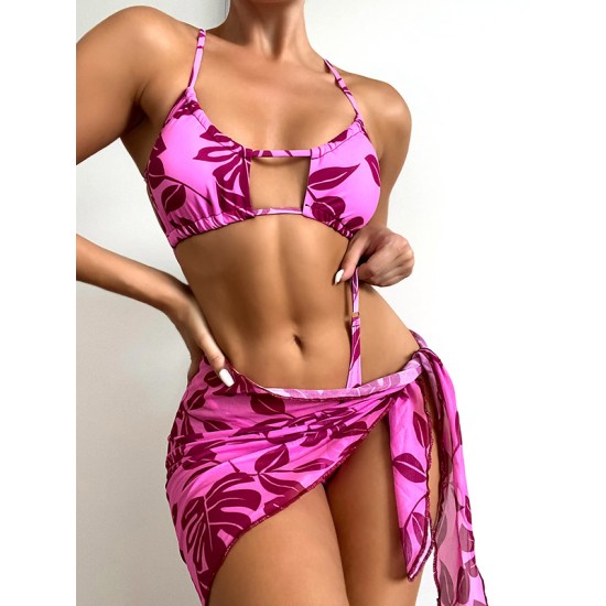 Floral Print Hollow Backless Bikini Swimwear+Cover-Up Three-Piece Set