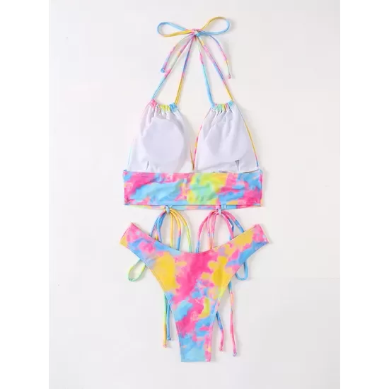 Tie-Dyed Printed Multicolor Drawstring Bikini Swimsuit