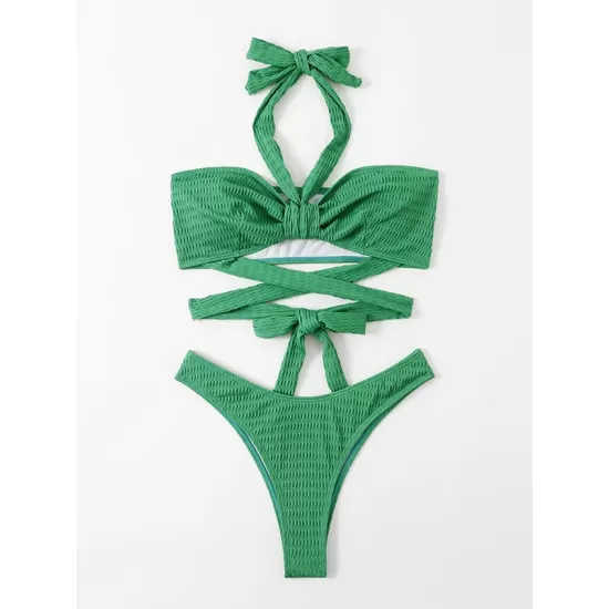 Padded Bandage Hollow Halter-Neck Bikini Swimsuit