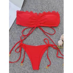 Solid Color Bandeau Knotted Split Bikini Swimsuit