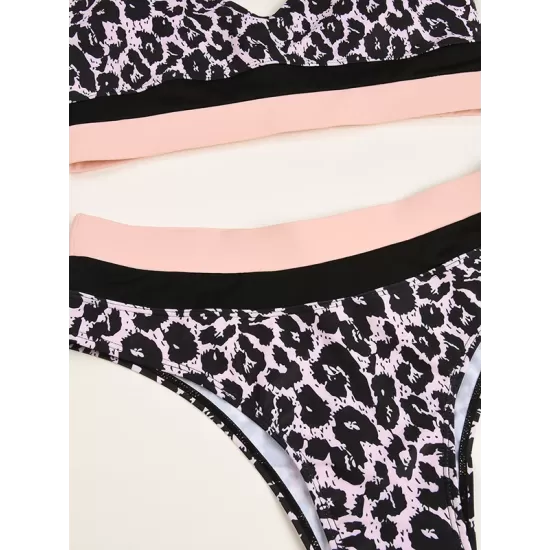 Sleeveless Leopard Print High-Waisted Split Bikini Swimsuit