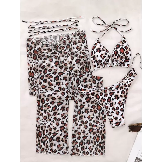 Leopard Printed Tie Side Bikini Swimwear+ Beach Long Pant Cover-Up Three Pieces Set