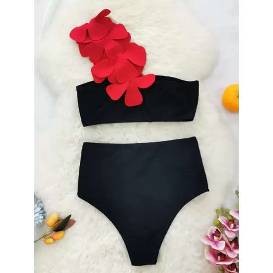 Applique Split-Joint Padded One-Shoulder Swimsuits Bikini Swimsuit