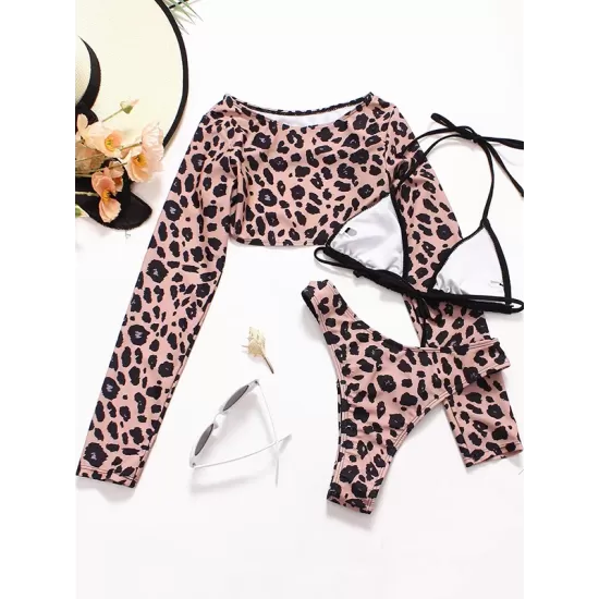 Long Sleeves Leopard Three Pieces Bikini Set