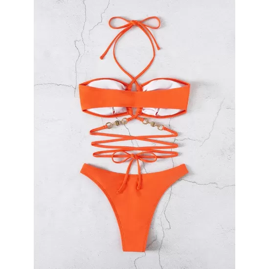 Belly-Hollow Beads Hollow Halter-Neck Bikini Swimsuit