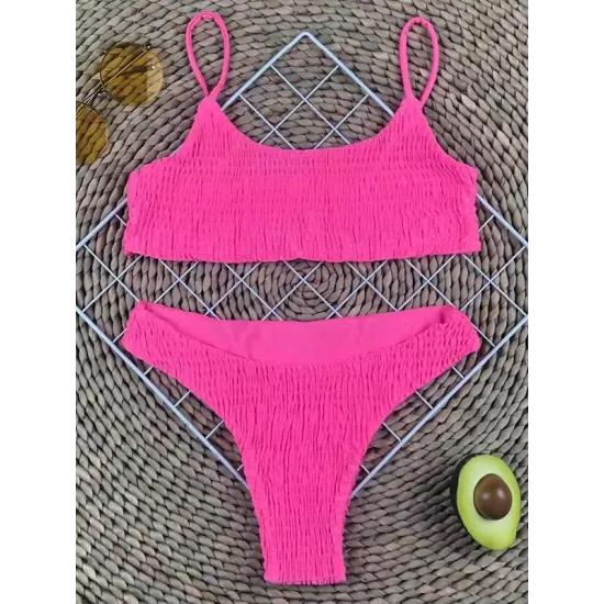 Vacation Solid Color Spaghetti-Neck Bikini Swimsuit