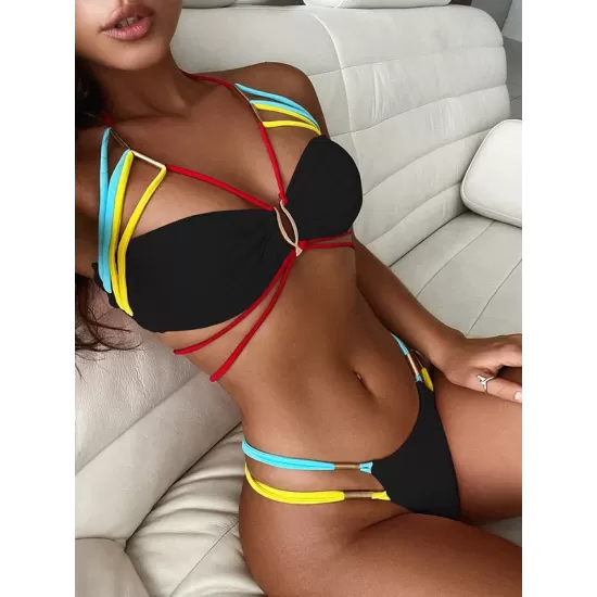 Padded Contrast Color Halter-Neck Bikini Swimsuit