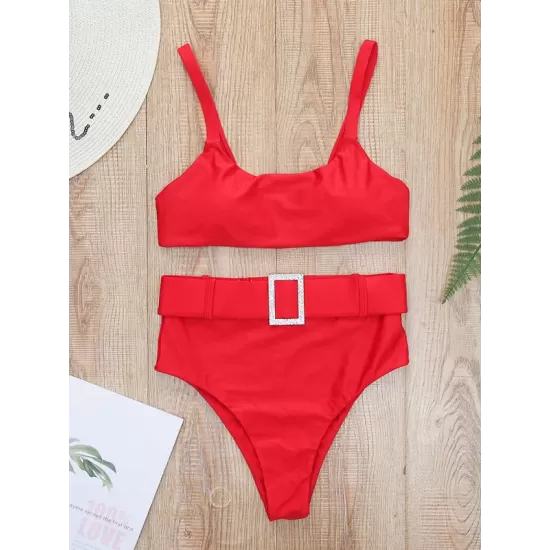 Spaghetti Neck High Waist Belted Bikini Set